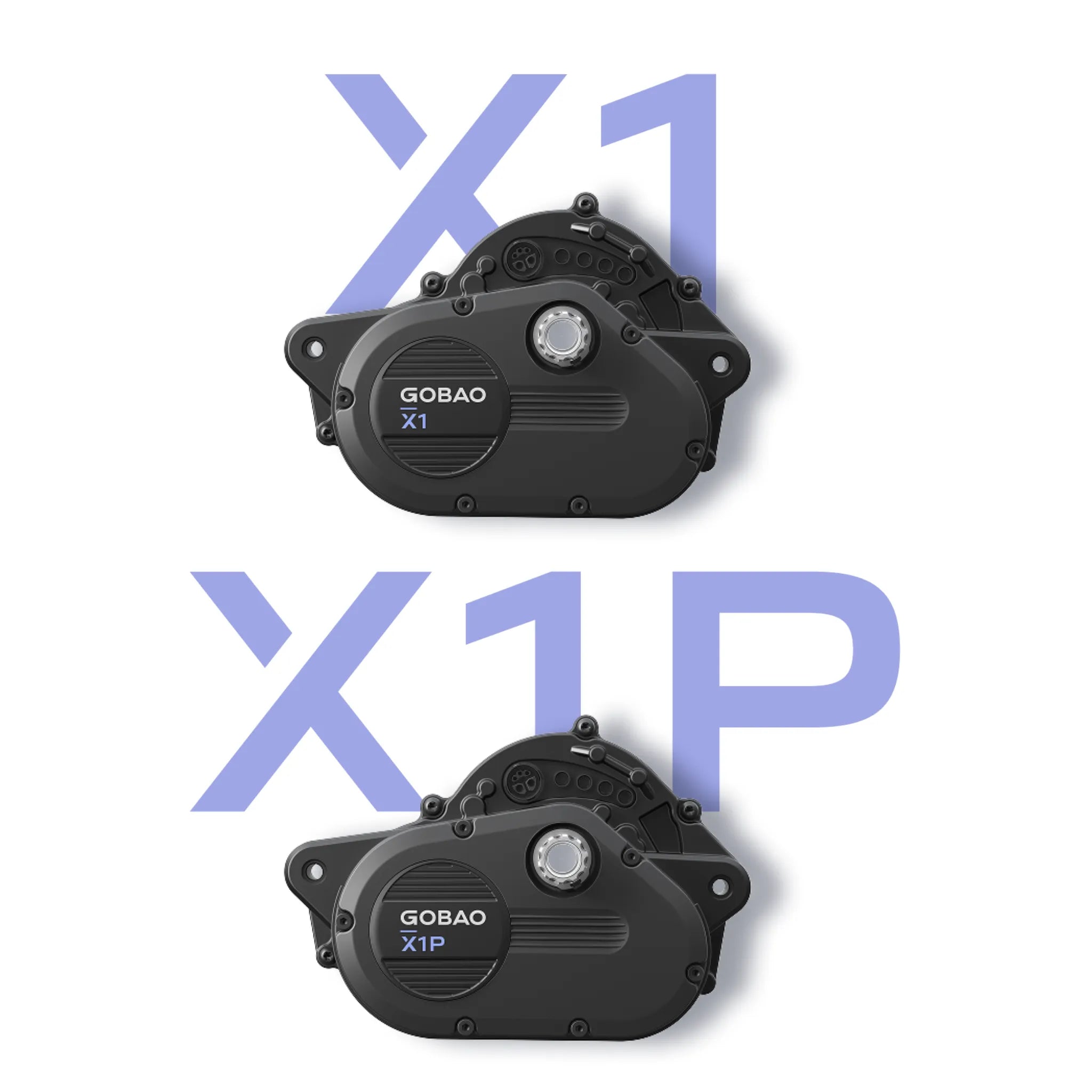 Zwei schwarze GOBAO-Motoren, Modelle X1 und X1P, nebeneinander. Ideal für E-Bikes.