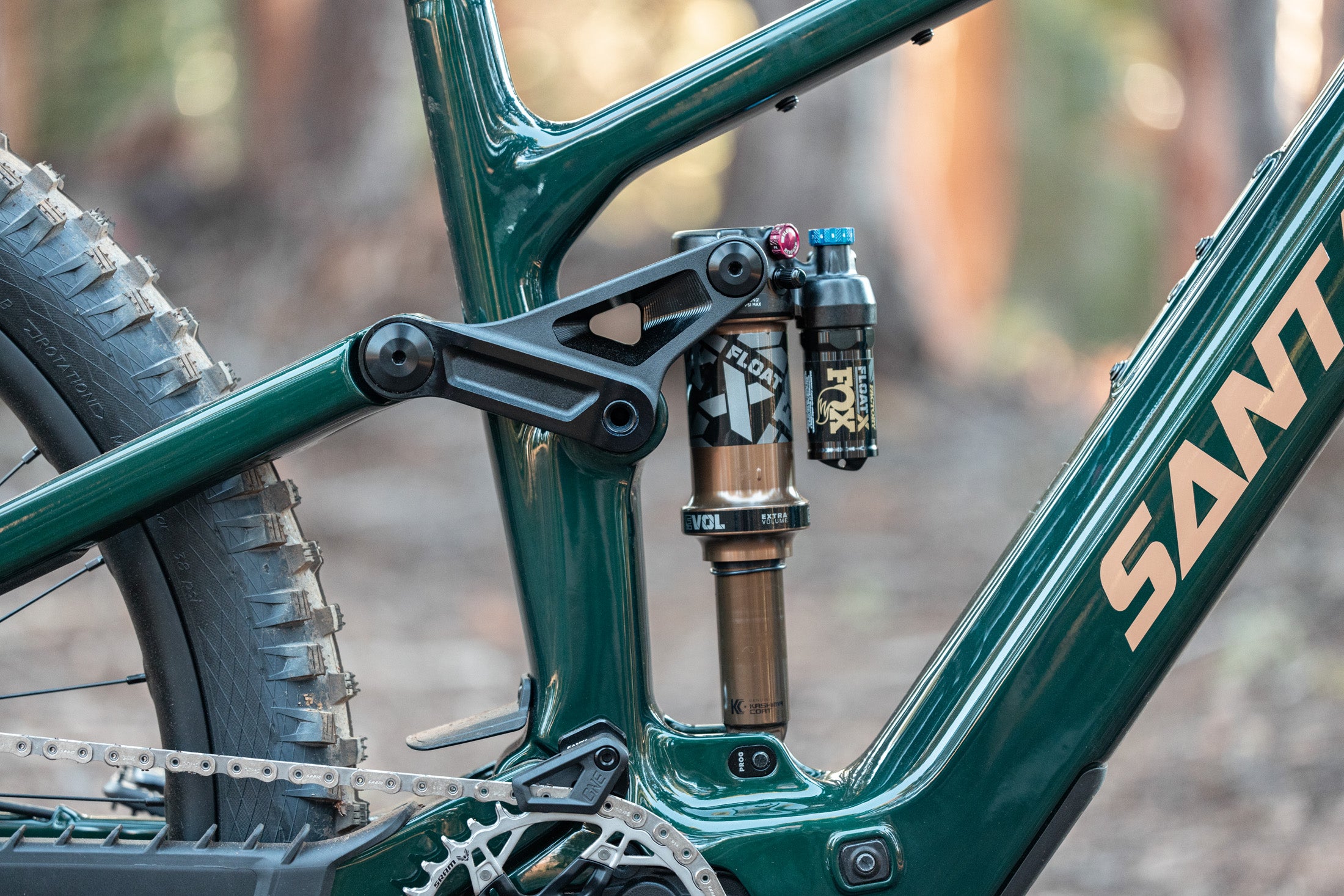 Grüner Santa Cruz Mountainbike-Rahmen mit FOX Federung und dickem Reifen im Wald.