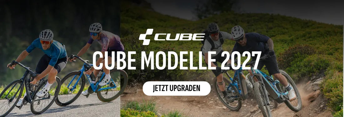 Cube Fahrräder 2027: Zwei Radfahrer auf der Straße, zwei im Gelände, betont Vielseitigkeit und Leistung. Jetzt upgraden.
