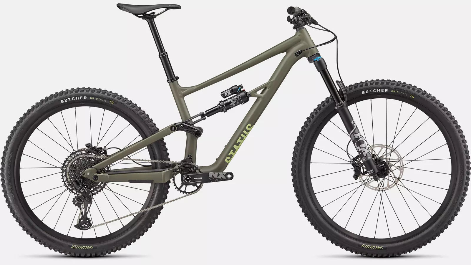 Specialized Status Mountainbike in Olivgrün, vollgefederter Rahmen, geeignet für Offroad-Abenteuer.