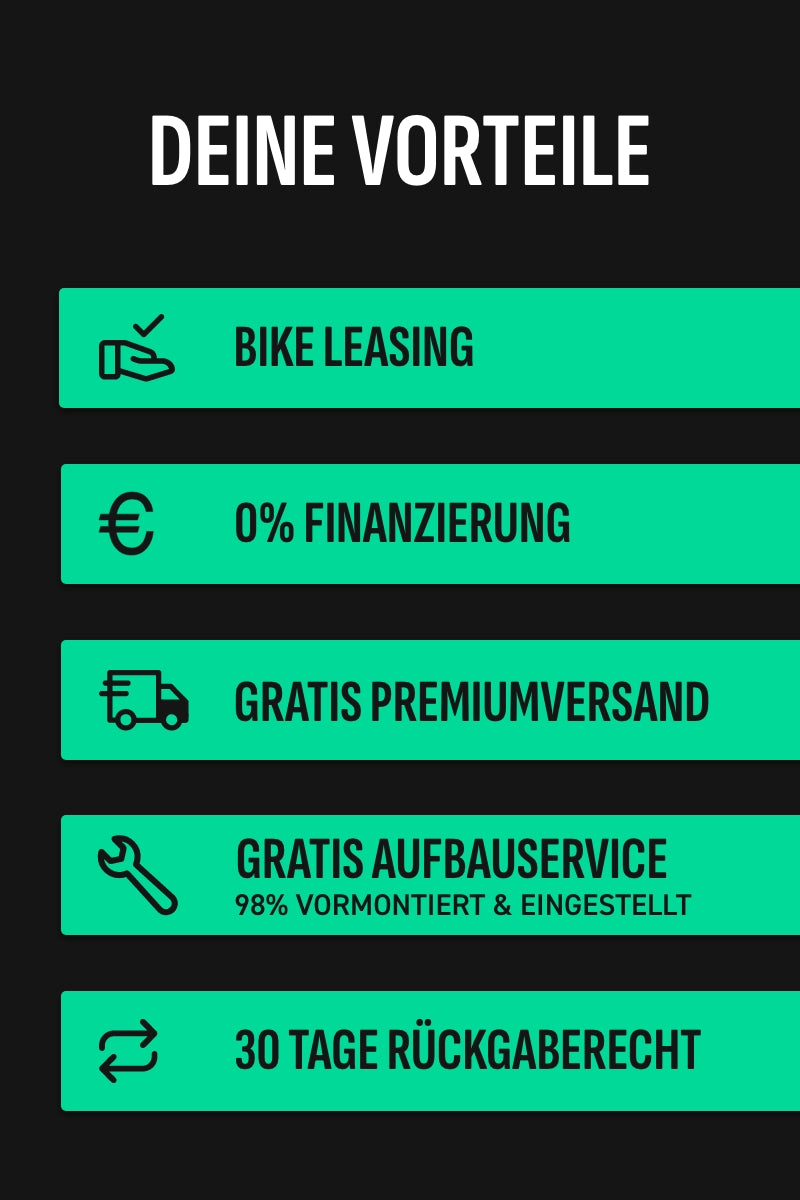 Vorteile eines Angebots: Bike Leasing, 0% Finanzierung, Gratis Premiumversand, Gratis Aufbauservice, 30 Tage Rückgaberecht.