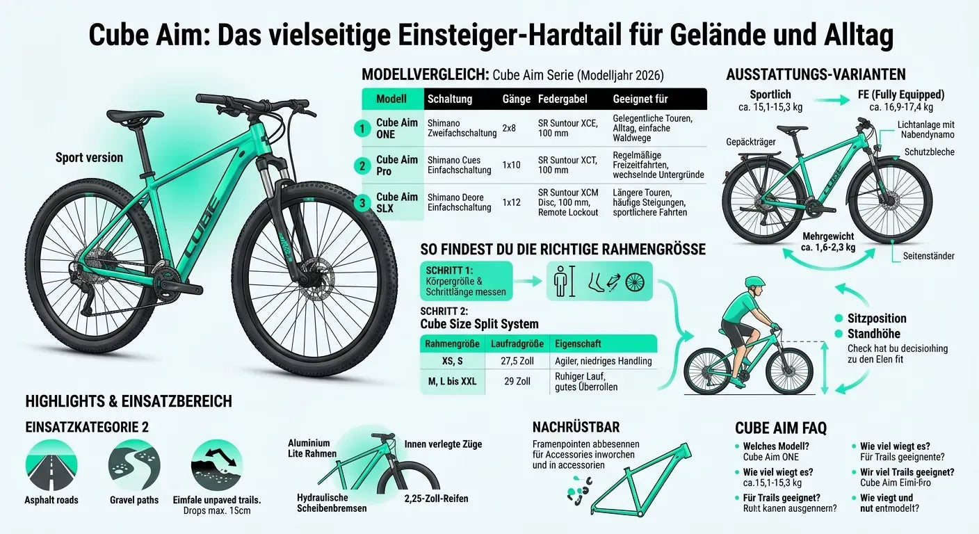 Cube Aim Fahrrad, Einsteiger-Hardtail für Gelände und Alltag, Shimano-Schaltung, 100 mm Federweg, leichte Rahmengröße.