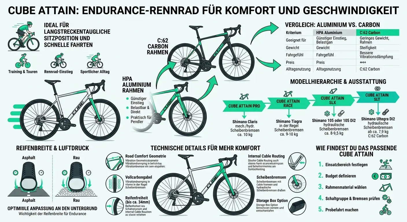 Infografik mit Details zum Cube Attain Rennrad: Modelle, Materialien, Einsatzbereiche und technische Features.