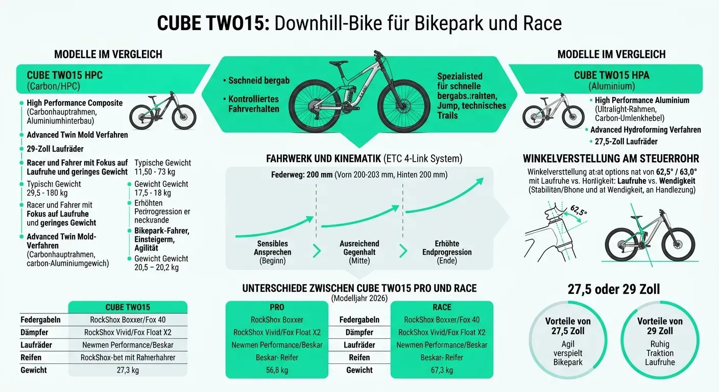 Infografik zu CUBE TWO15: Modelle RACE und PRO im Vergleich, für Downhill-Rennen. Details zu Rahmen, Federung und Gewicht.