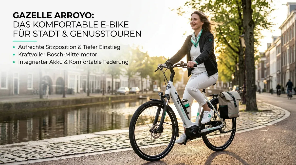 Gazelle Arroyo E-Bike mit Bosch-Motor, tiefem Einstieg, ideal für entspannte Stadt- und Genusstouren.